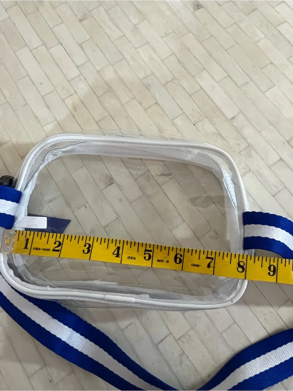 Clear Belt Bag with White Trim and Blue-White Adjustable Strap